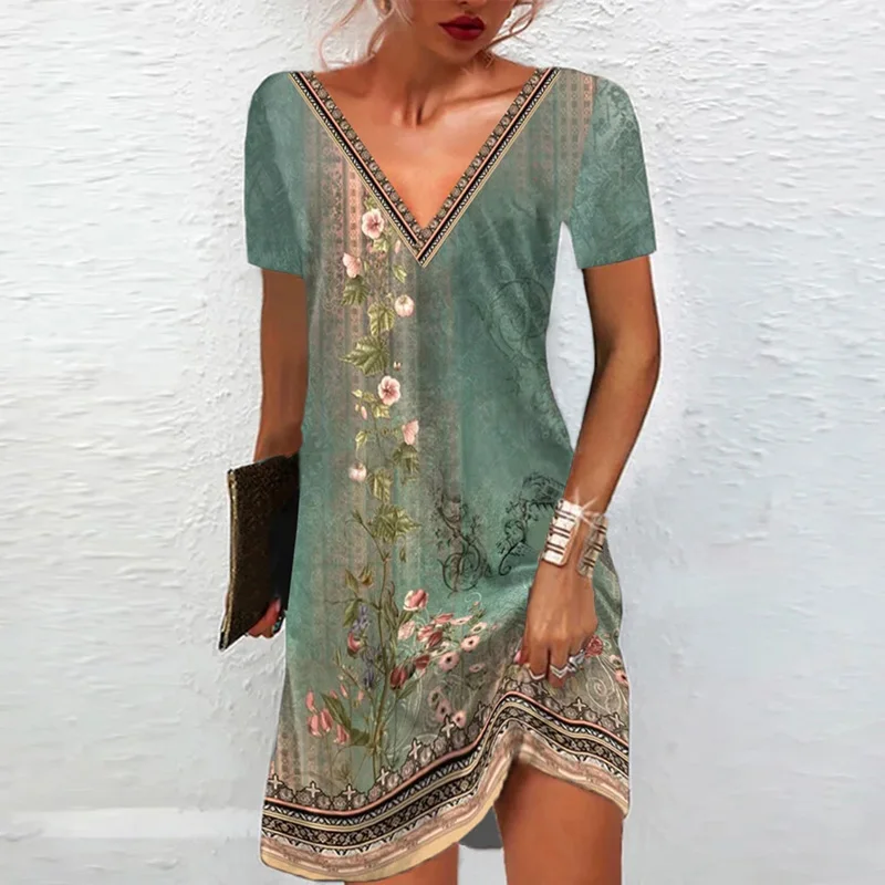 2023 Casual V-neck Short Sleeve Office Lady Dress Summer Loose Beach Dresses for Women Retro Floral Printed Straight Mini Dress