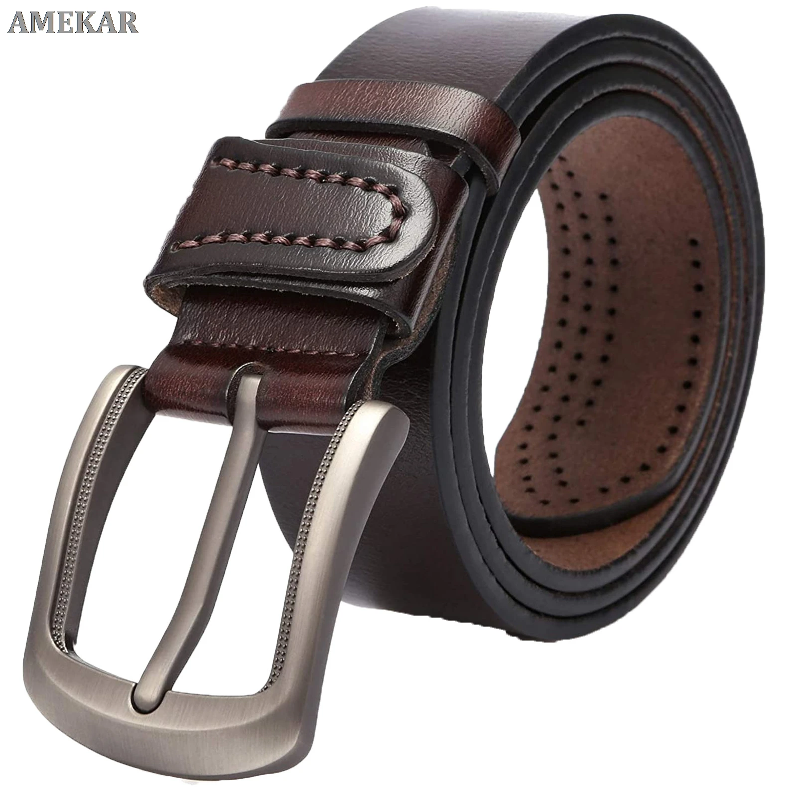 

Cowhide Pin Buckle Belt Men's Single Layer Leather Perforated Belt Waistband Brown Buckle Jeans Belt Business Leather Belt #Y