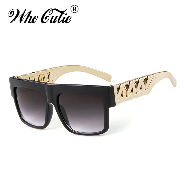 2021 Oversized Hip Hop Sunglasses Men Women Brand Design Flat Top Retro Square Black Sun Glasses Gold Plastic Chain Frame OM725 3