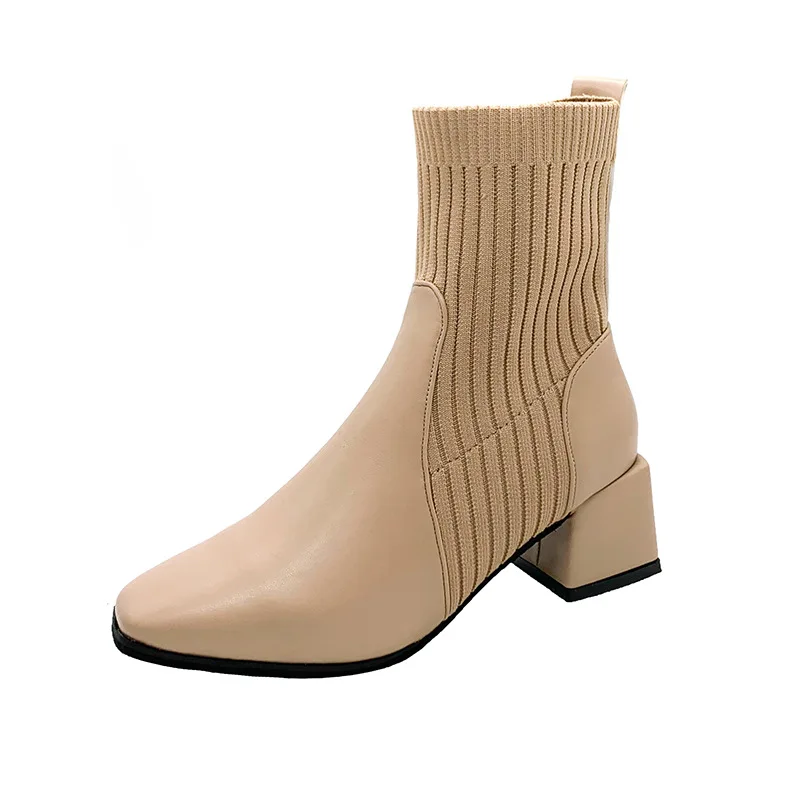 

Women Shoes Boots British Style Fashion Classics Slip-On Square Heel Square Toe Sock Boots Solid Casual Women Shoes 34-40