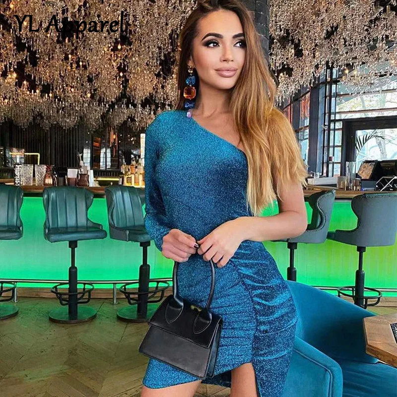 

2022 Fashion Long Sleeve One Shoulder Bodycon Short Package Hip Night Club Dress Women Sexy Irregular Hems Shiny Party Dresses