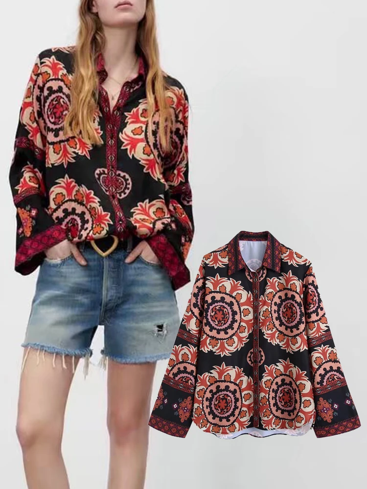 

TFMLN 2022 весна-лето женские блузки с цветочным принтом повседневные однобортные топы с отложным воротником винтажные рубашки с длинным рукав...