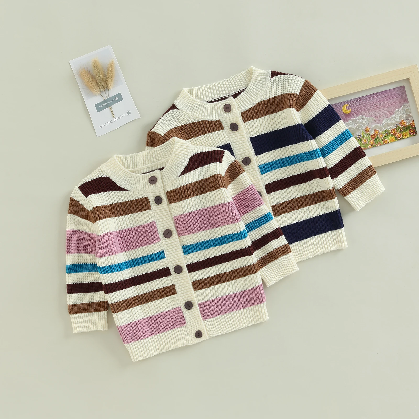 

TR New Winter Kids Toddler Baby Girls Boys Cardigan Stripe Print Long Sleeve Button Coat Fall Clothes