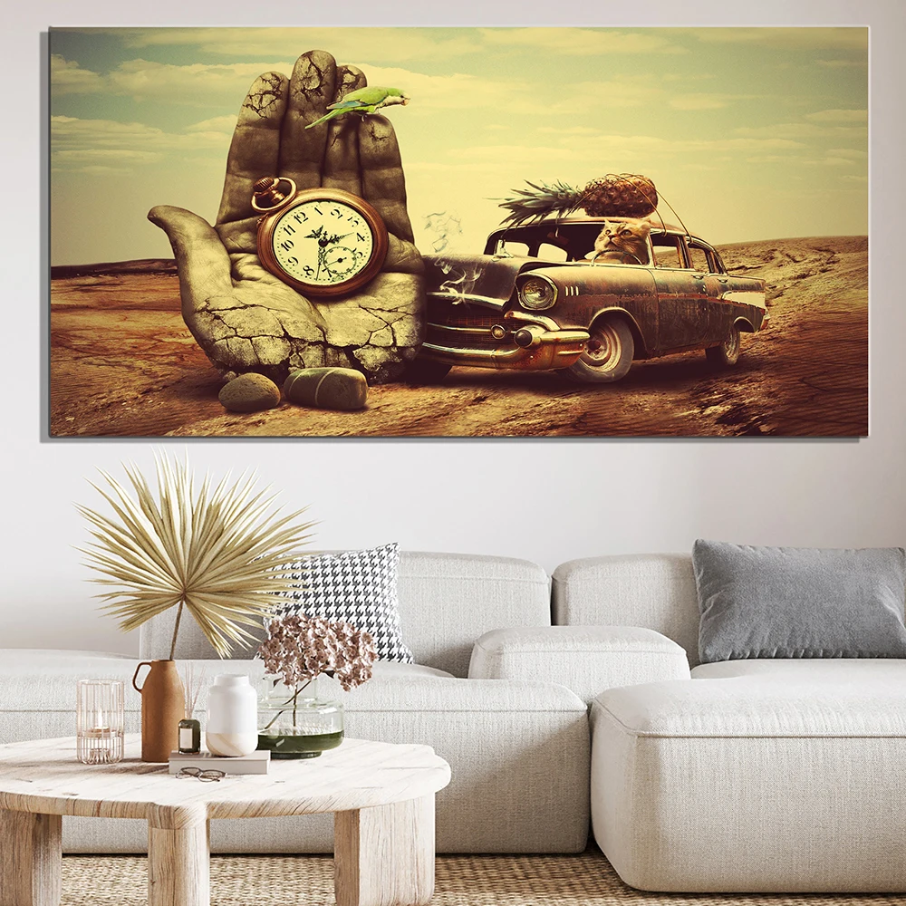 

Funny Cat Driving Wall Art Mural Retro Abstract Luxury Sports Car Poster Nordic Surrealism Style Canvas Painting Room Home Decor
