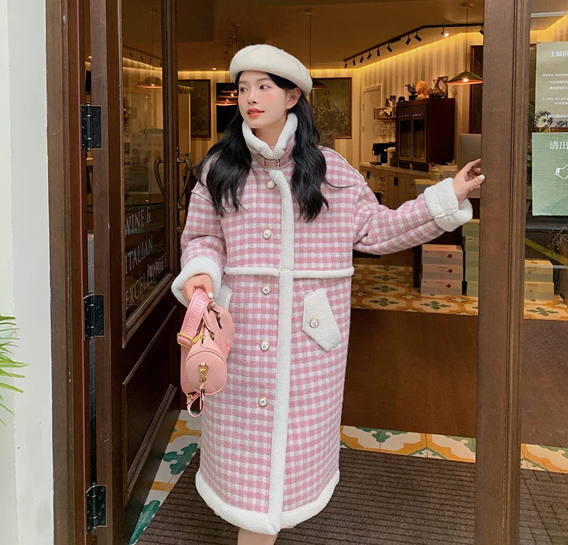 Wool-like warm coat in winter plaid long coat female