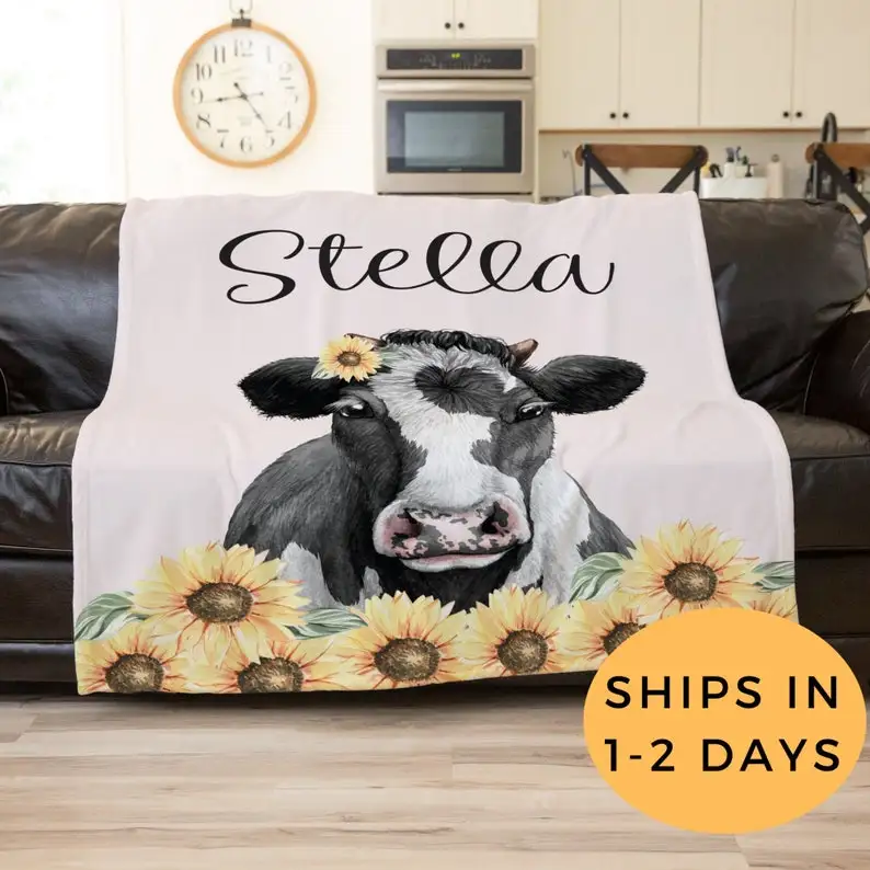 

Cow Blanket, Sunflower Blanket, Personalized Baby Blanket Girl, Housewarming Fun Gift, Birthday Gift Ideas For Sister, Country D
