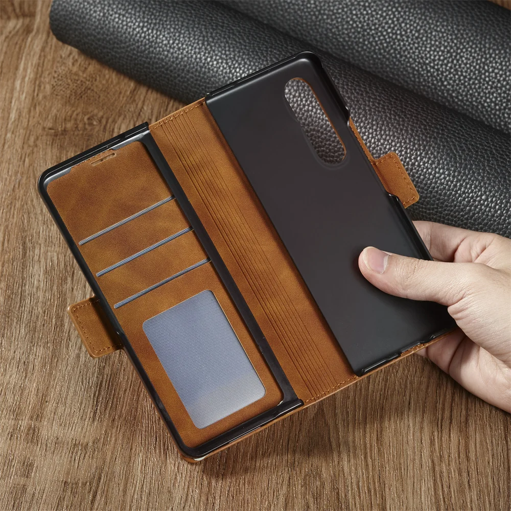 Business Leather Cards Holder Phone Case for Samsung Z Fold 3 Hard PC Cover For Galaxy Z Fold3 Full Protection Skin Wallet Shell