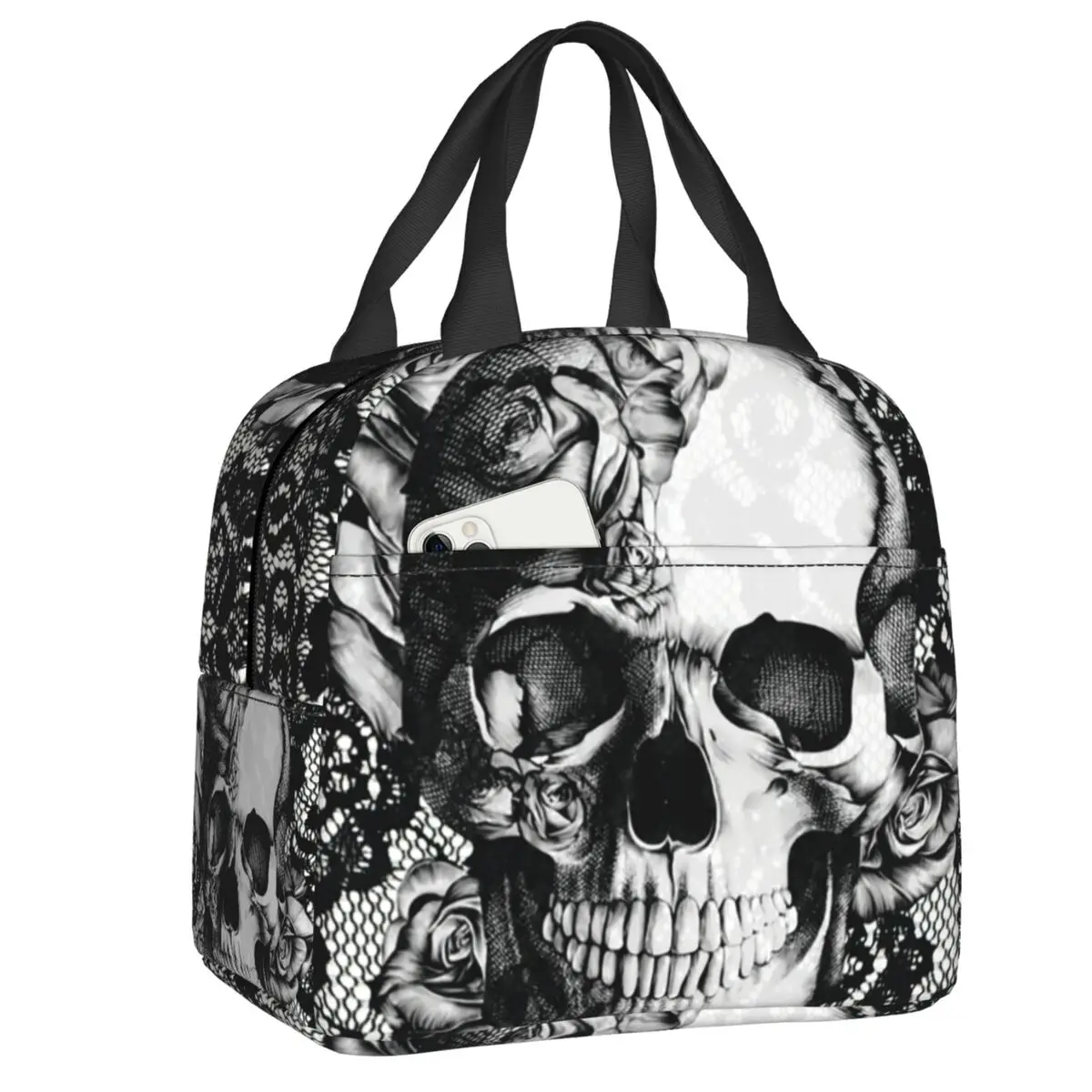 

Gothic Lace Skull Insulated Lunch Bag for Women Resuable Mexican Day Of The Dead Thermal Cooler Bento Box Office Picnic Travel