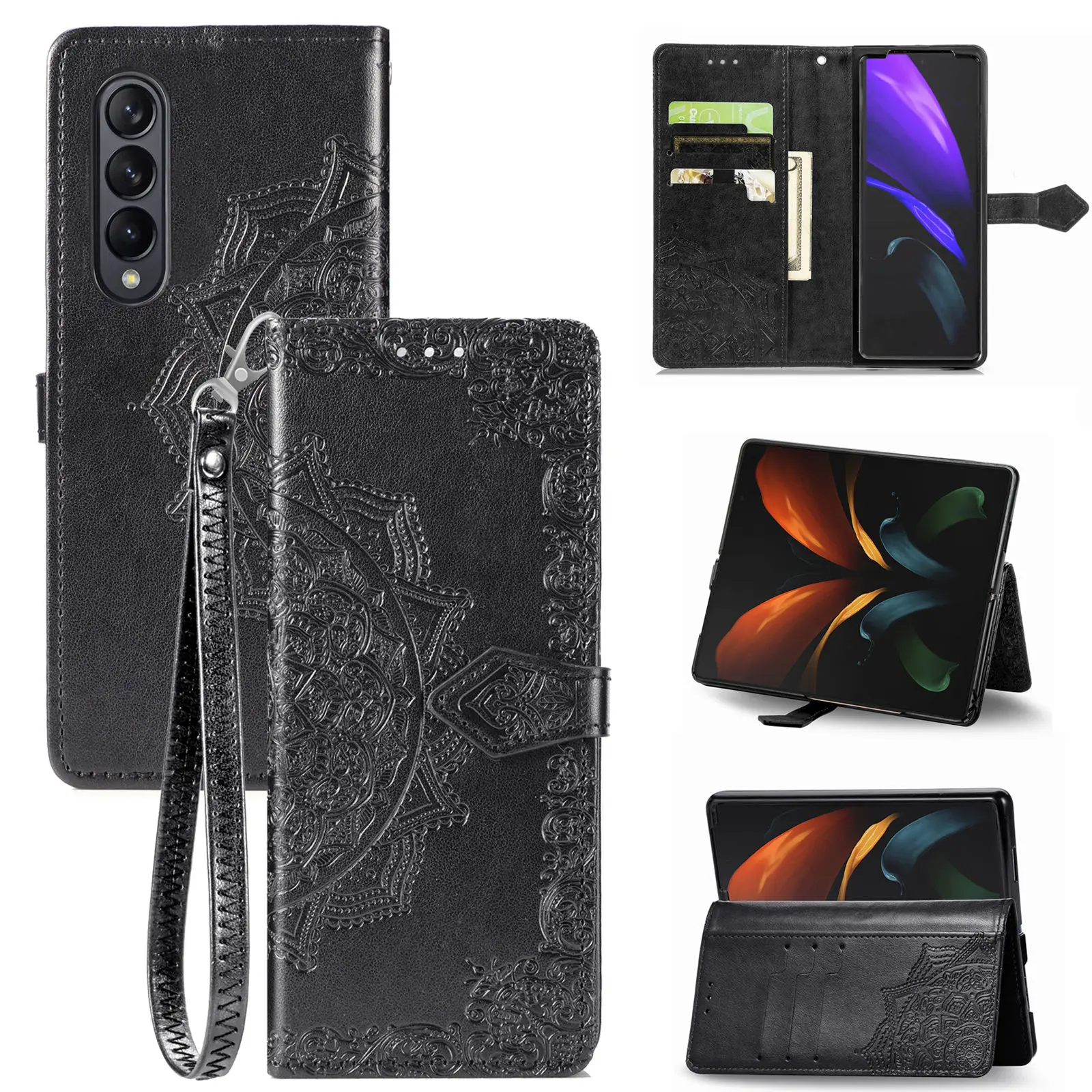 Кожаный чехол для Samsung Galaxy Z Fold 4 Prime 3D рельефный Чехол-бумажник с цветком на fold 3