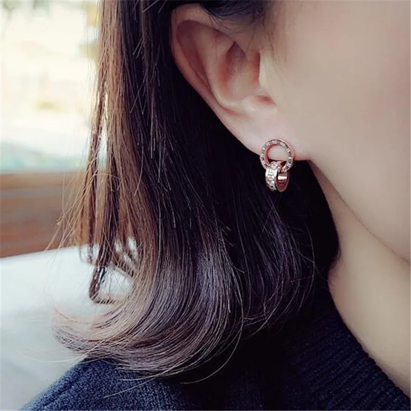 Wholesale Stainless Steel Earrings for Women Earings Roman Number Silvers Stud  Round Zirconia Fashion Jewelry Brincos Boucle