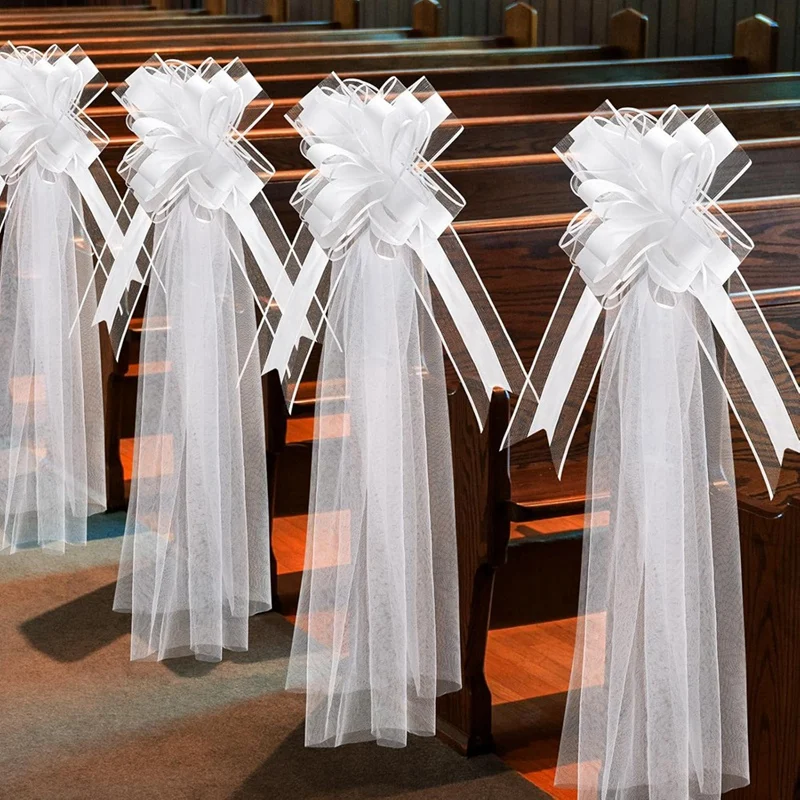 Large White Wedding Pew Bows With Long Tulle Chair Aisle Decorations Car Decoration