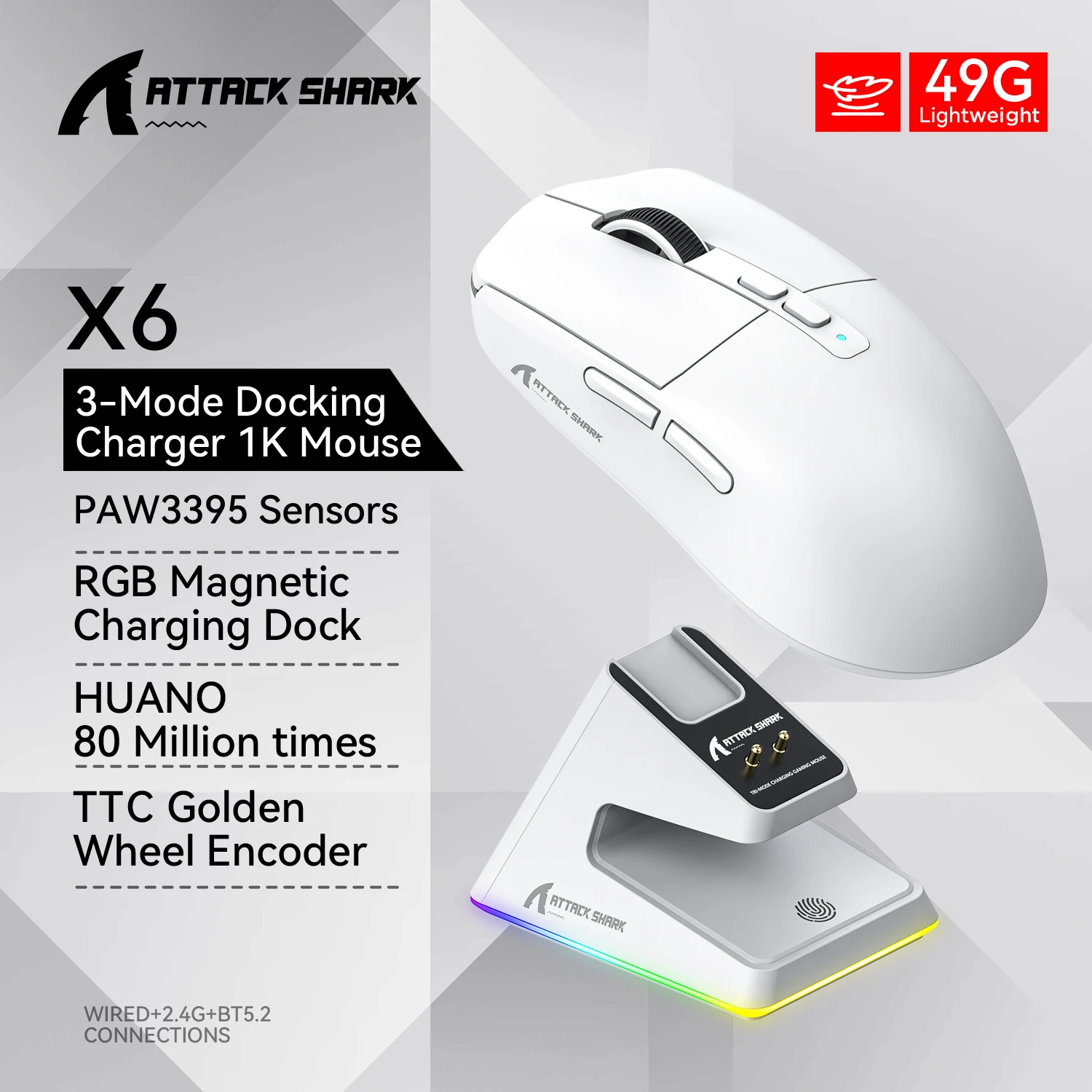 Беспроводная игровая мышь Attack Shark X6 с тремя режимами Bluetooth PAW3395 RGB сенсорная