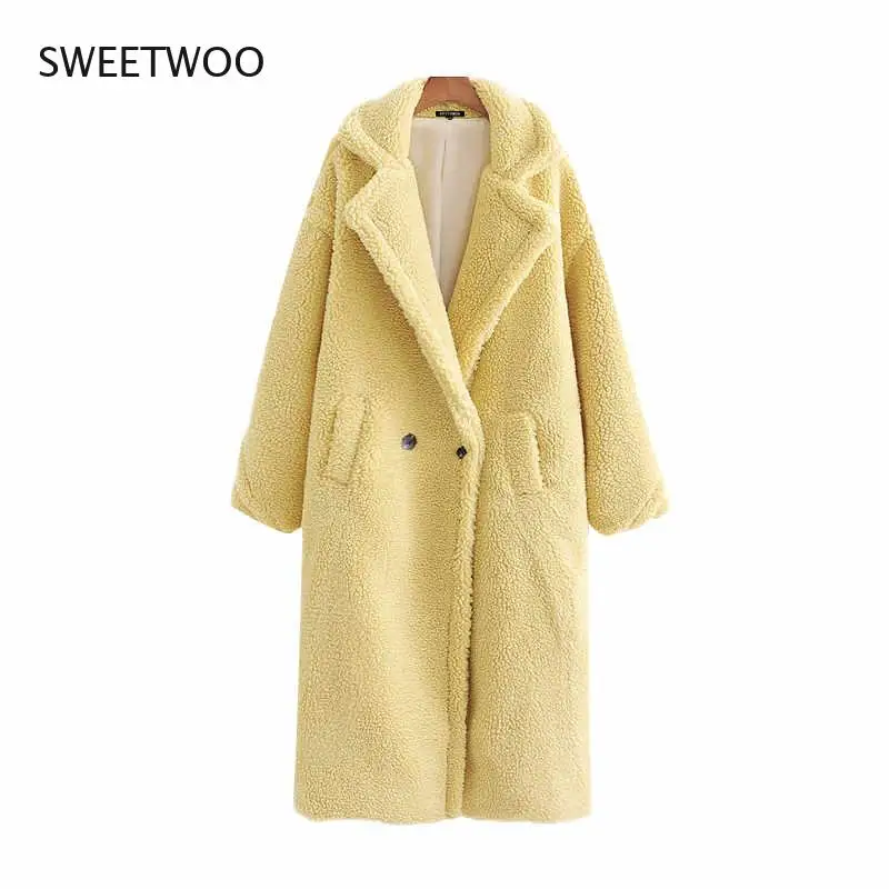 Women Fashion Thick Winter Warm Faux Fur Teddy Coat Women Vintage Long Sleeve Pockets Female Outerwear Chic Overcoat Contracted