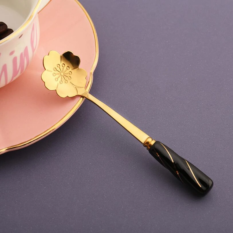 Ceramic Handle Flower Stirring Spoon Coffee Scoop Dessert Cake Ice Cream Spoons Gold Silver | Дом и сад
