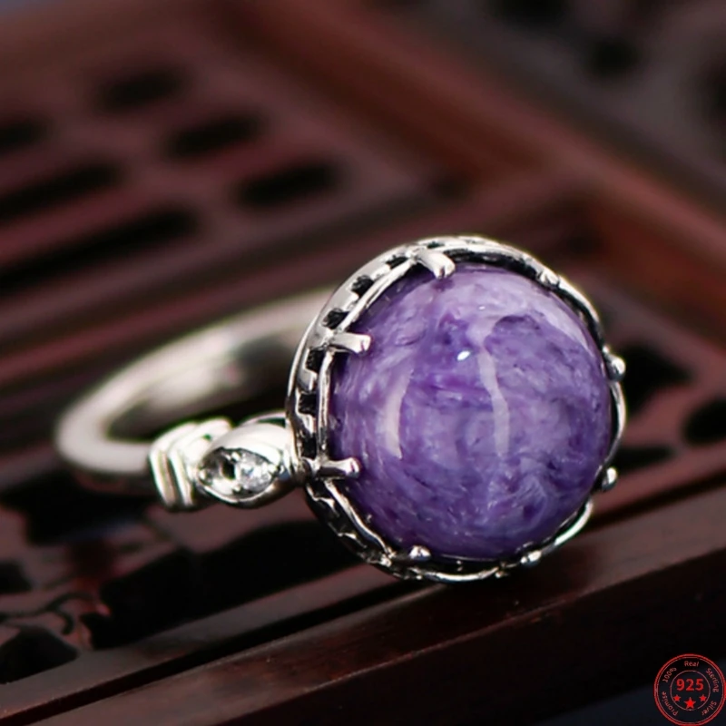 

S925 Sterling Silver Rings for Women Men New Fashion Round Charoite Hollow Design Adjustable Punk Jewelry Free Shipping