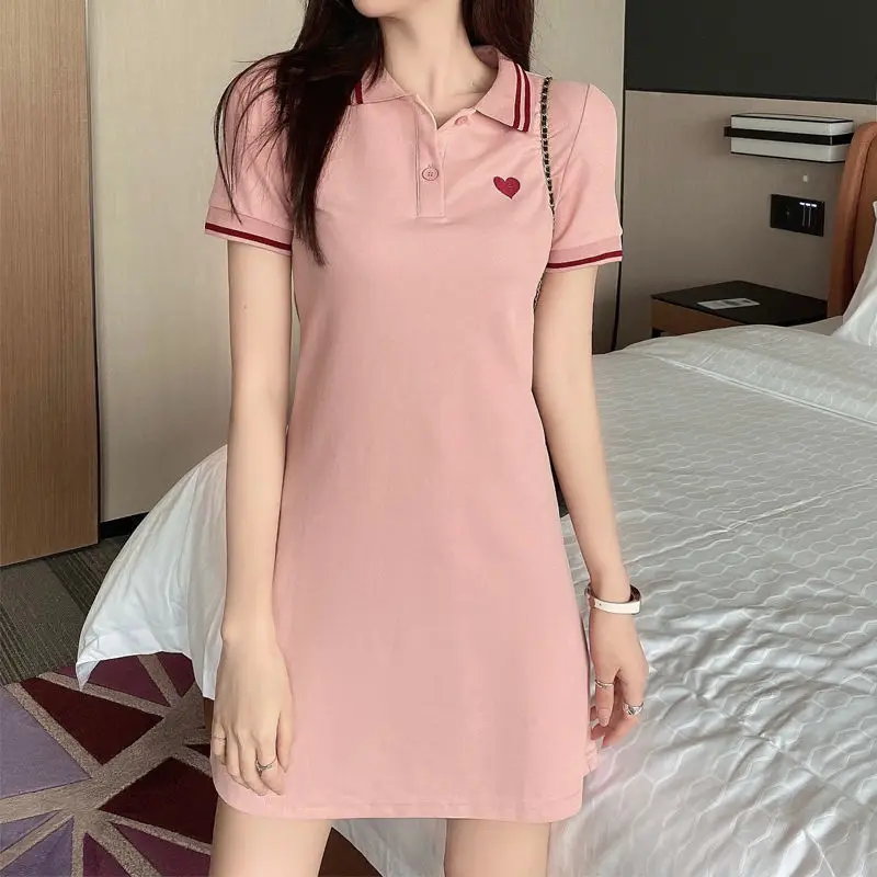 

OTEN Women's Summer Polo Collar Short Sleeve Mini Dress Casual College Style Solid Color Waist Sports Cotton Short Dress