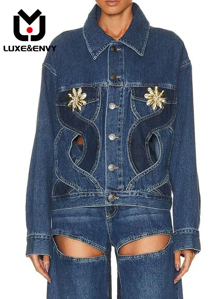 

LUXE&ENVY Autumn 2023 New Personalized Hollow Out Design Jean Jacket Flower Pattern Casual Fashion Top