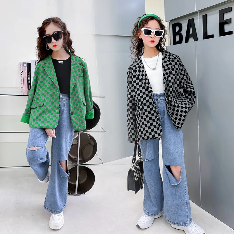 

Демисезонные куртки для девочек, новинка 2022, стильные детские клетчатые костюмы, Модные топы для детей старшего возраста