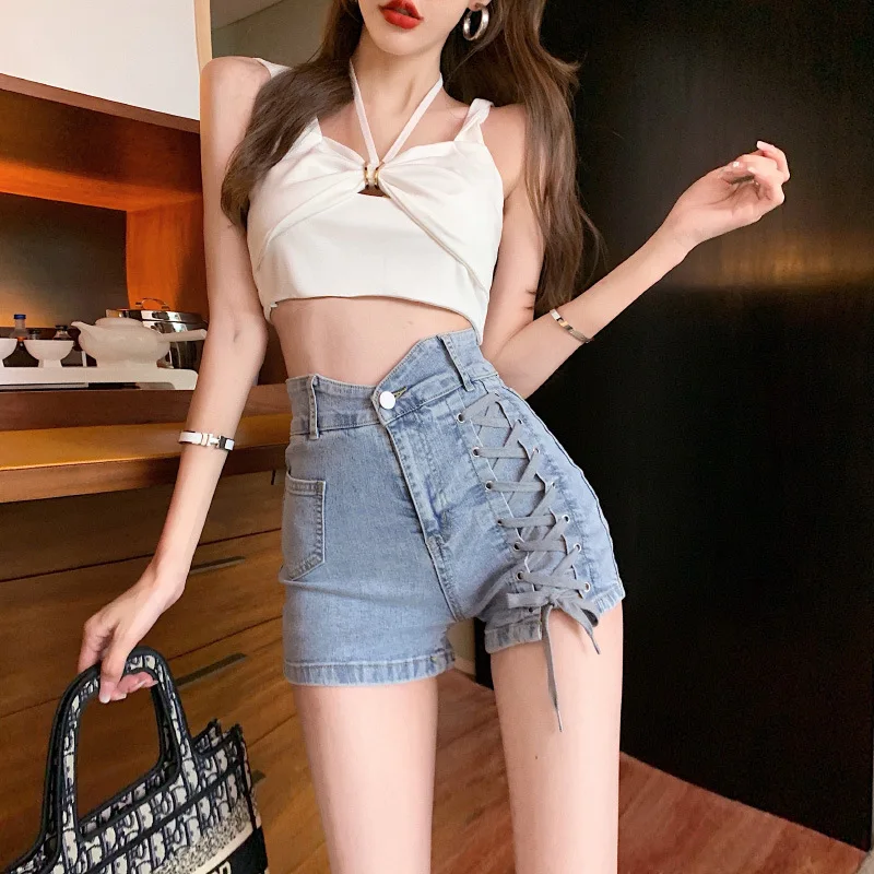 Sexy Ultra-high Waist Spice Girl Lace-up Design Sense Denim Shorts Female Summer New Slimming Exterior Wear A-line Light Colored