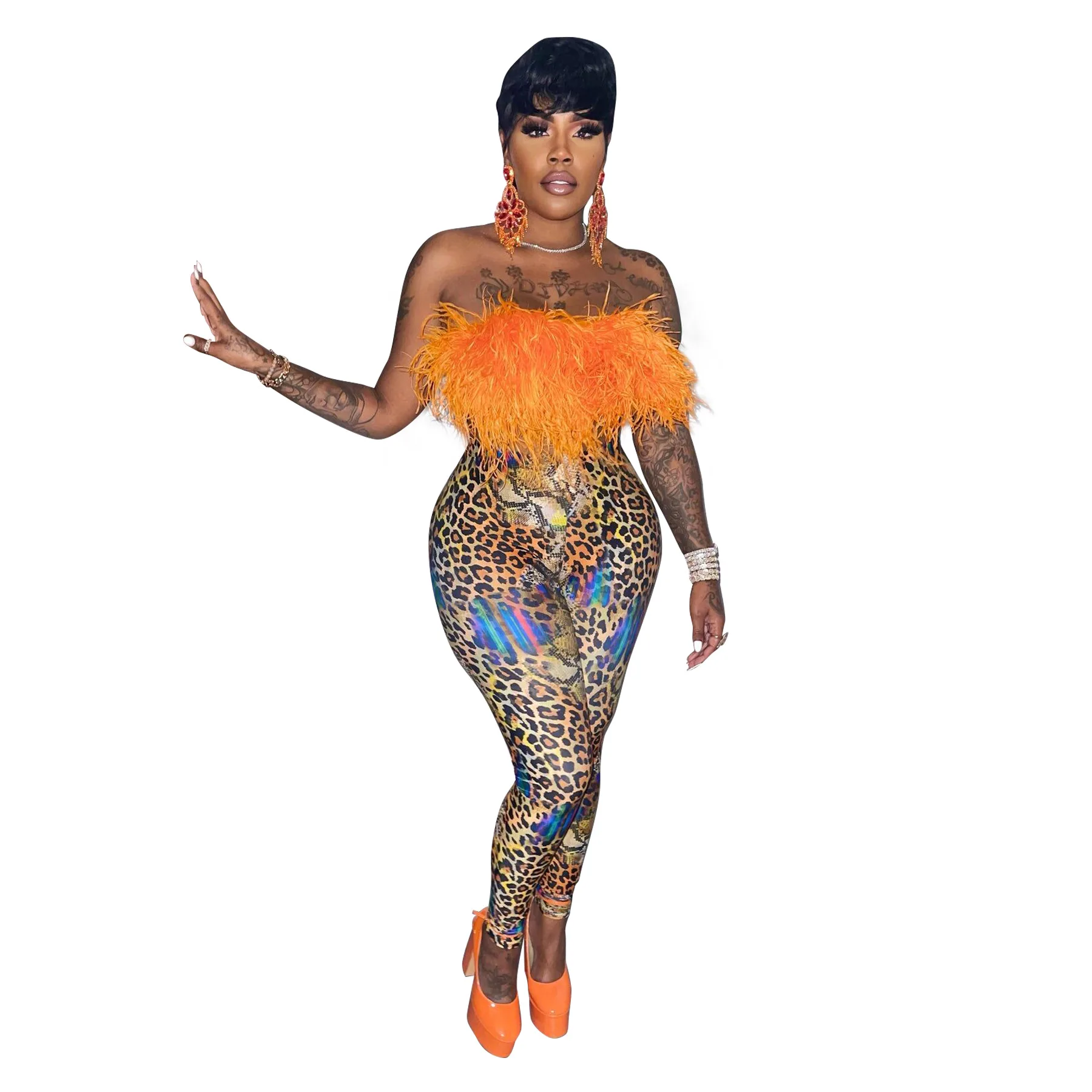 

Женские комплекты из двух предметов, Осенний облегающий костюм без бретелек и брюки с леопардовым принтом