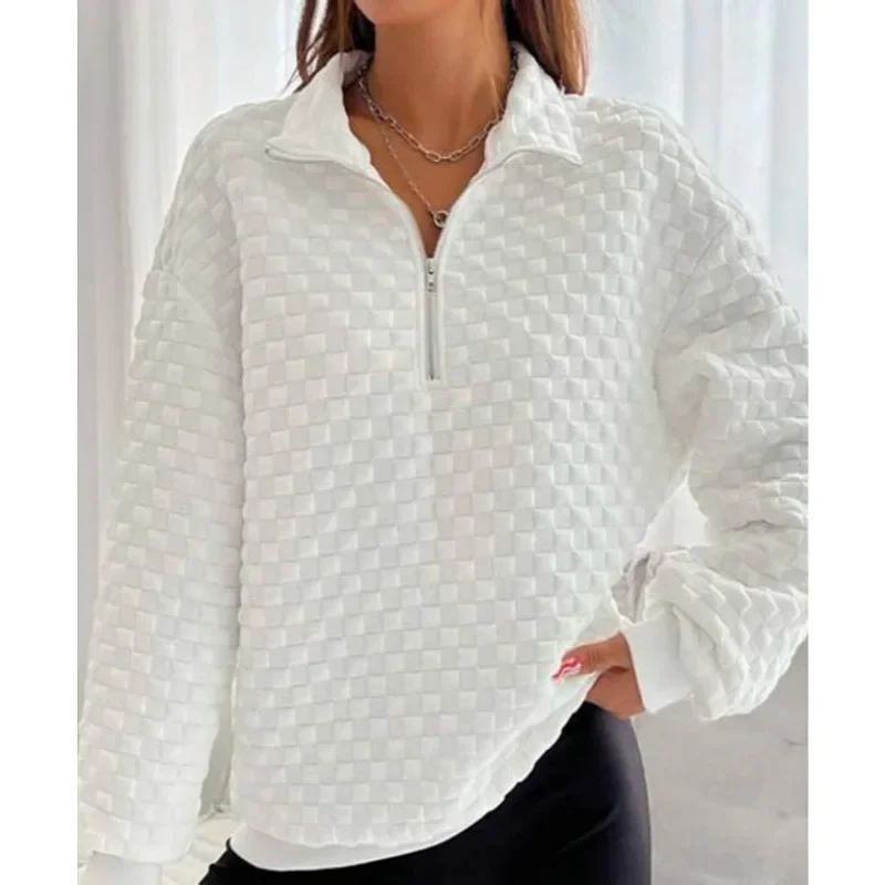 

2023 Autumn/Winter New Women's Checkered Polo Collar Zipper Pullover Sweater Loose Sport Sugi Long Sleeves