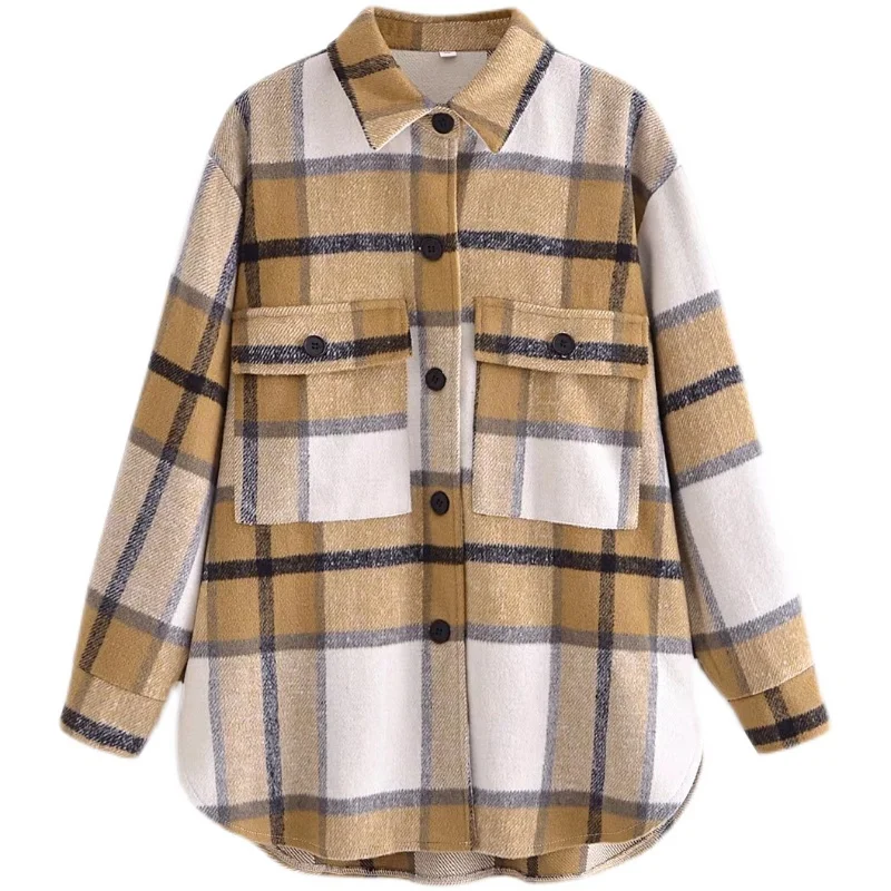 

SuperAen New 2022 Pocket Decoration Turn Down Collar Full Single Breasted Plaid Loose Shirt Coat Women