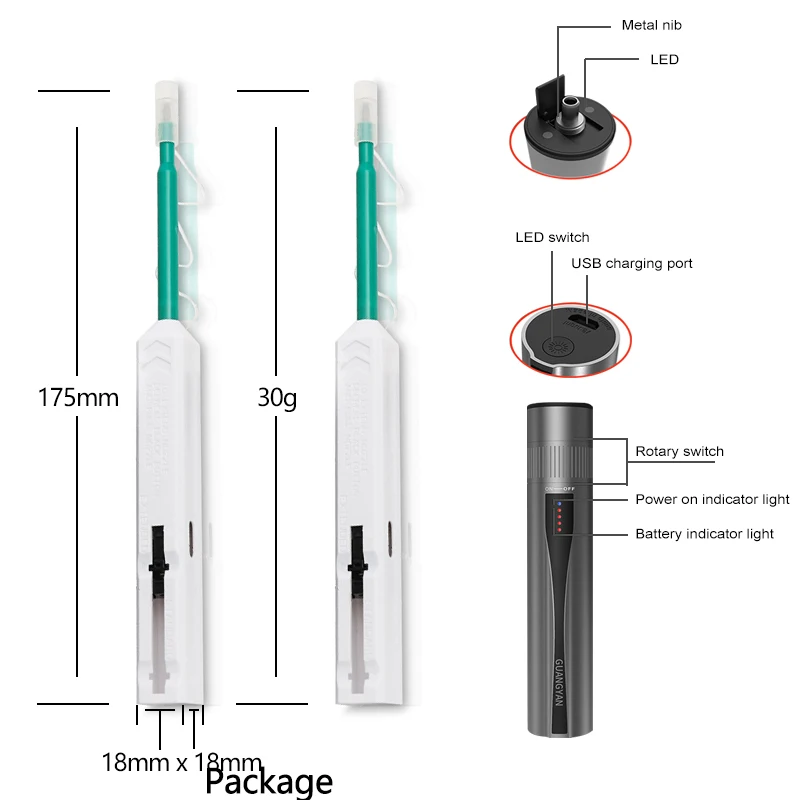 OPTFCUS Visual Fault Locator Rechargeable 30mW Fiber Optic Tester Pen FC SC ST Lithium Battery Fiber Optic Cable Laser Test Pen