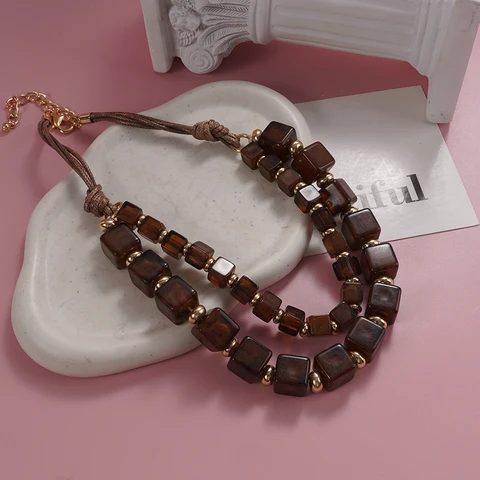WEALTHYBOO Многослойное коричневое ожерелье с квадратными бусинами