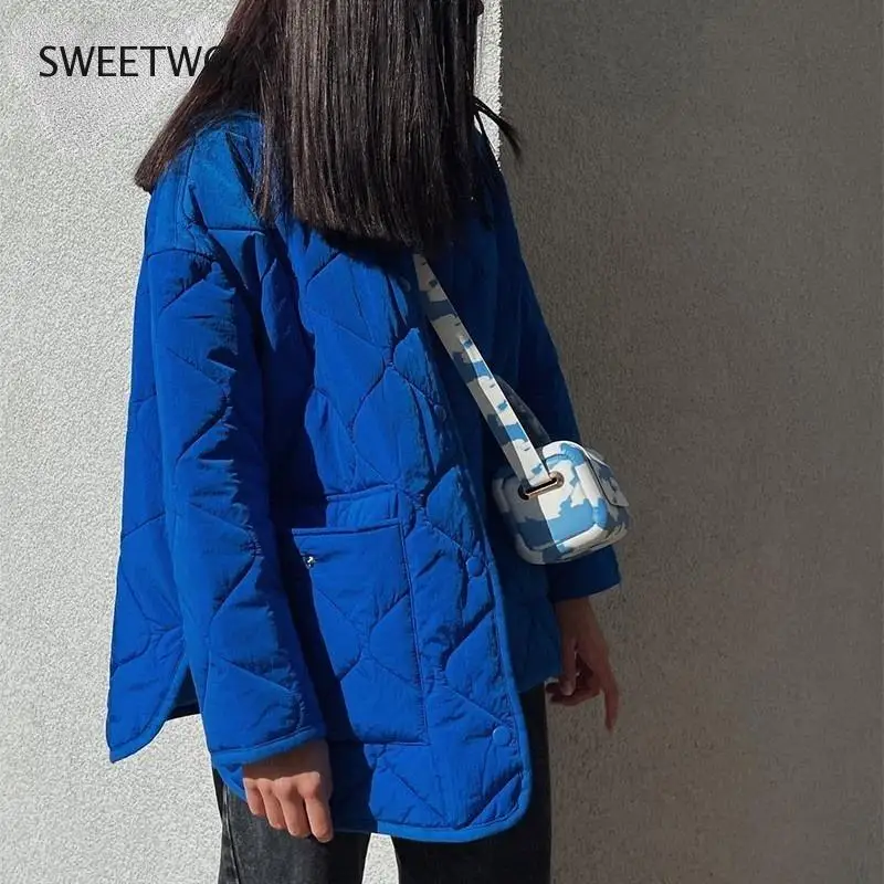 New Women Long-sleeved Warm Fashion Single-breasted Casual Loose Blue Round Neck Women Cotton Jacket 2022 Autumn and Winter