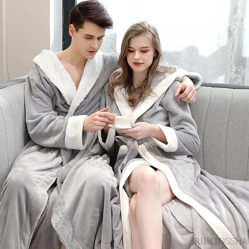 Erkekler kış artı boyutu uzun rahat flanel bornoz Kimono sıcak mercan polar bornoz gece kürk elbiseler bornoz kadın pijama