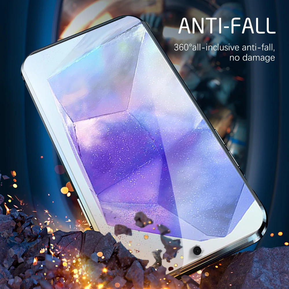 360 ° Металлический магнитный флип-чехол для Samsung Galaxy A55 5G двухстороннее закаленное