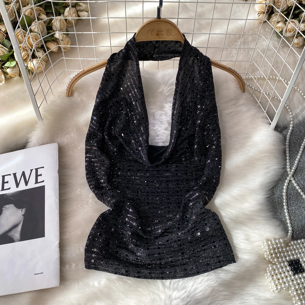 

Summer Sequined Crop Tops for Women Halter Neck Backless Drawing Elegant Female Short Top Black Corset Blouse New In 2023 Chic