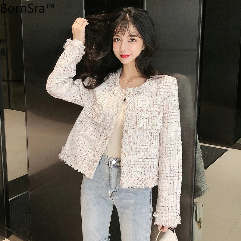

2020 New Arrival Short Tweed Coat Women O-neck Single-breasted Tassel Slim Plaid Tweed Jacket Outwear Women Fashion