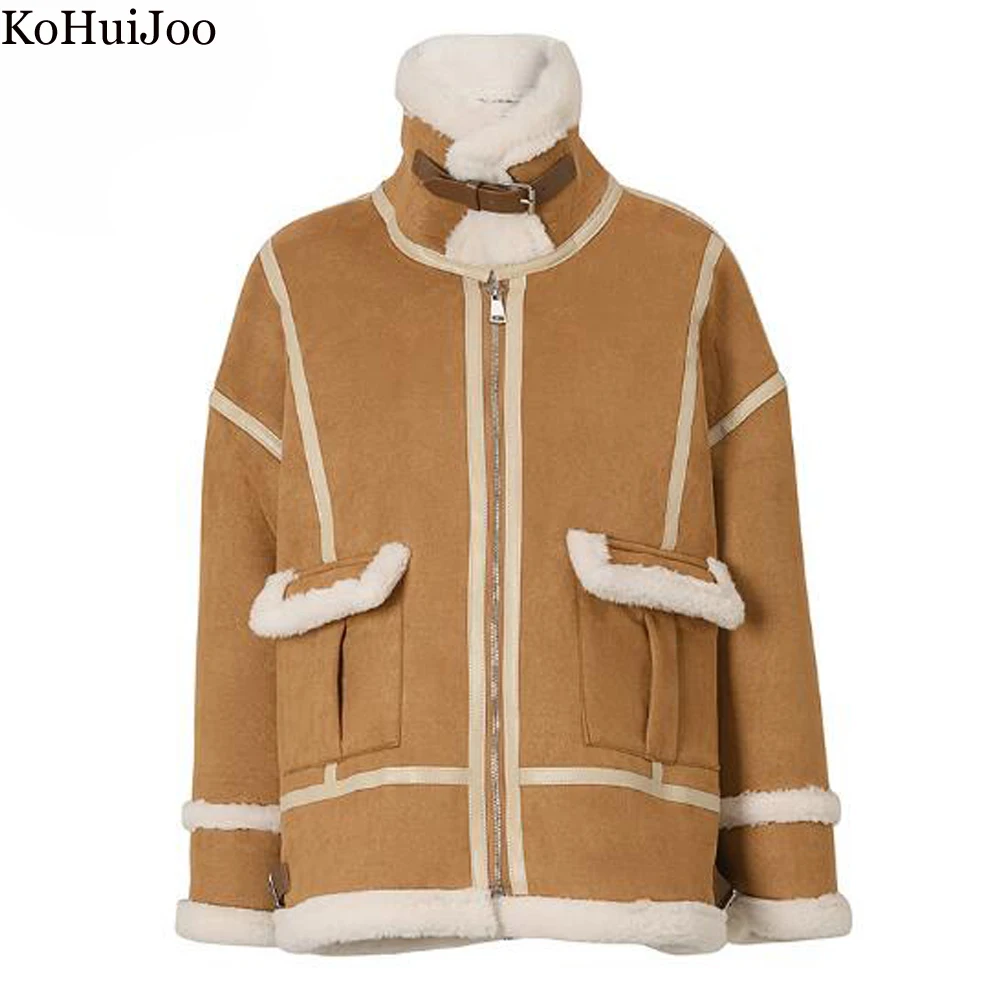 KoHuiJoo Winter Lambhair Oversize Women Faux Suede Coat Turtleneck Loose Thick Motorcycle Jackets Cotton for Women 2022 Khaki