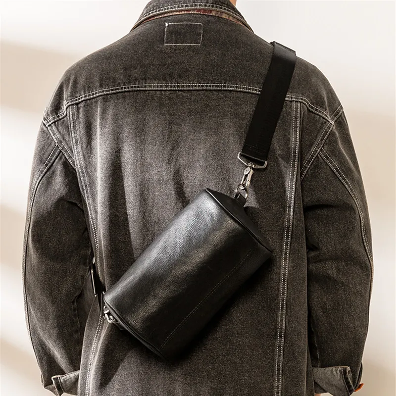 Simple casual luxury genuine leather men black small cylinder bag fashion weekend outdoor daily soft real cowhdie crossbody bag