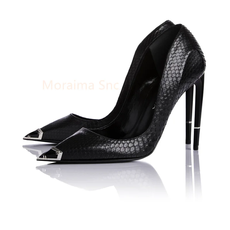 Snake Skin Pointed Toe High Heels Women Pumps Metal Decor Designer New Shallow Stiletto Sexy Single Shoes Women Party Wedding