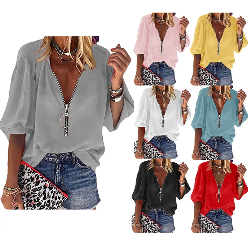 

2022 Fashion Spring and Summer New Solid Color Long-sleeved V-neck Zipper Women's Shirts Women Tops Lady Clothing