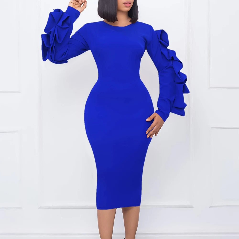 

Elegant Bodycon Dresses for Woman Round Neck Puff Sleeve Solid Package Hips Mid Calf Slim African Ladies Business Work Dress New