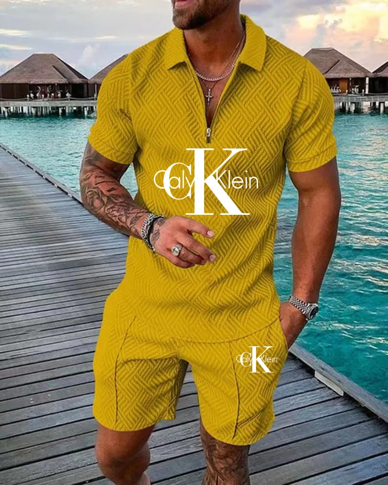 

NEW Summer Men's Tracksuit Fashion Solid Color Short Sleeve Zipper Polo Shirt&Shorts Set for Men Casual Streetwear 2-piece Suit