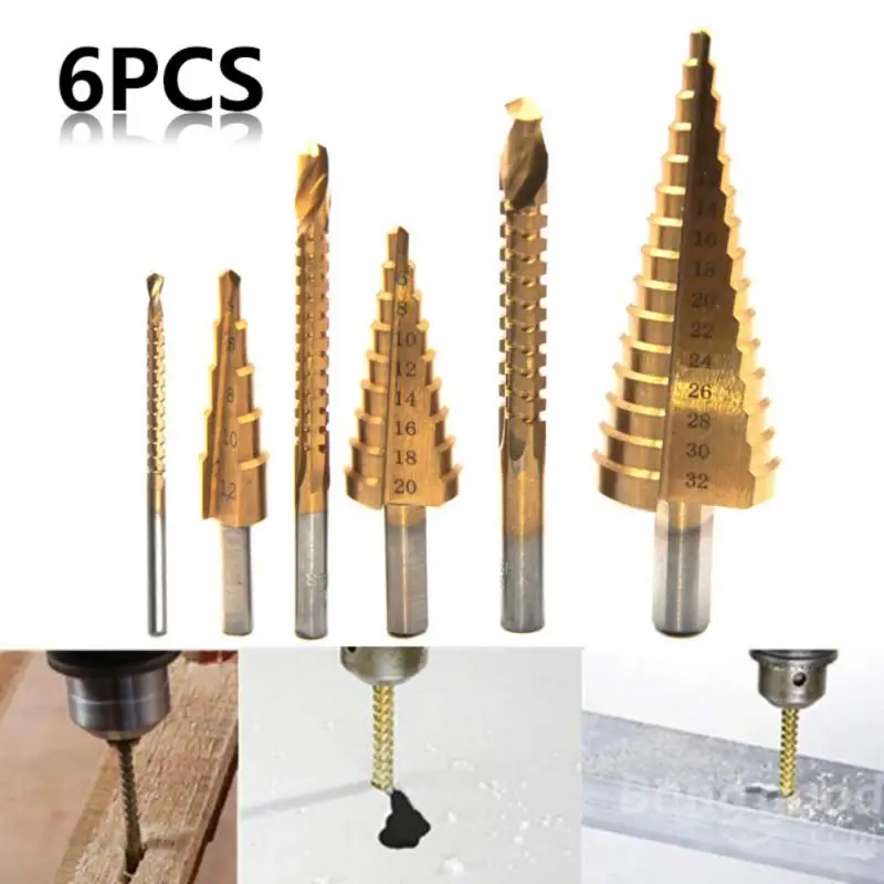 

6 Pcs/set Step Drill Bit 4-12mm/4-20/4-32 HSS Saw Drill Bits 3/6/8mm Drilling Cutting For Metal Wood Drilling Cutting