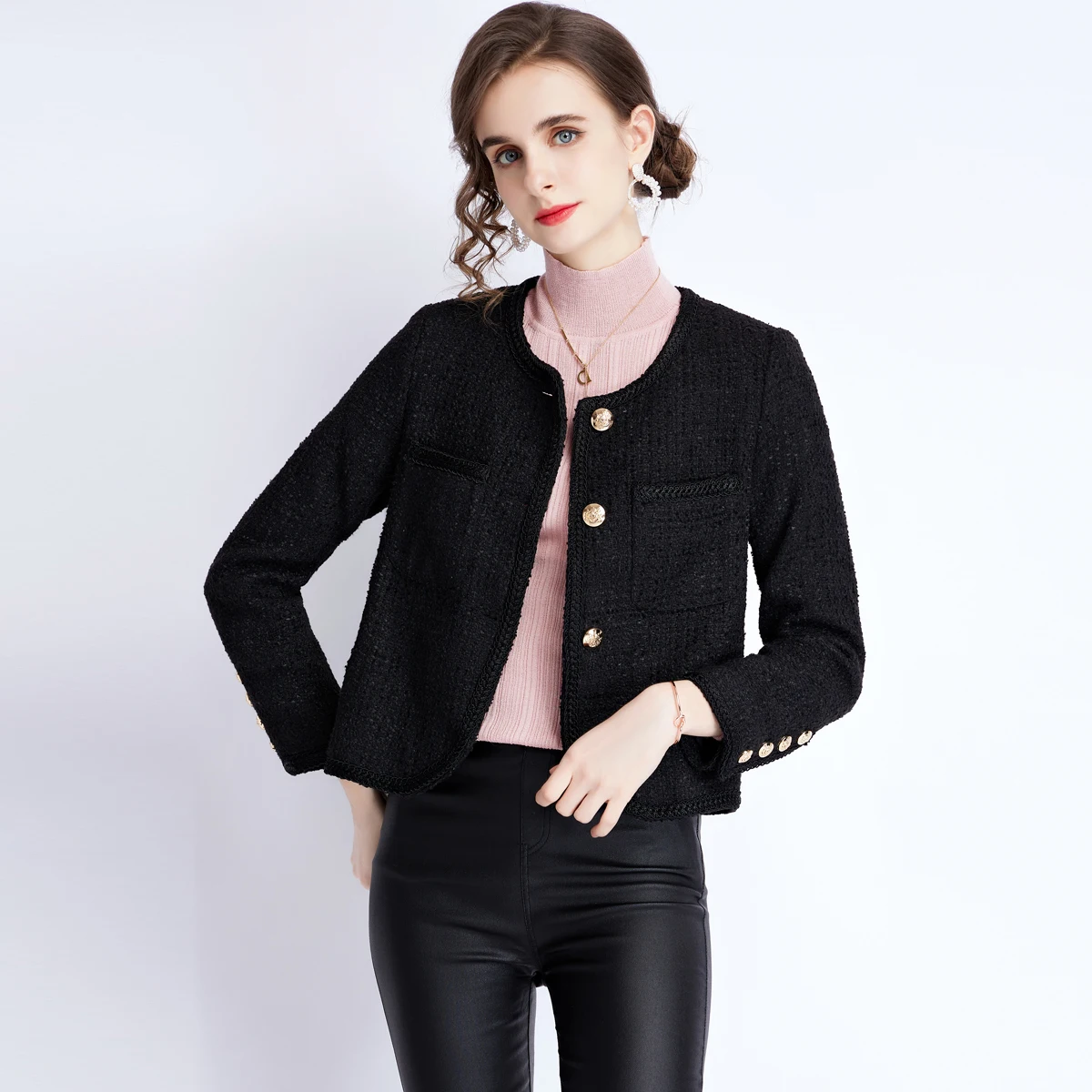 

Женская твидовая однобортная куртка, черная офисная шерстяная короткая верхняя одежда с круглым вырезом и длинным рукавом, Осень-зима 2021
