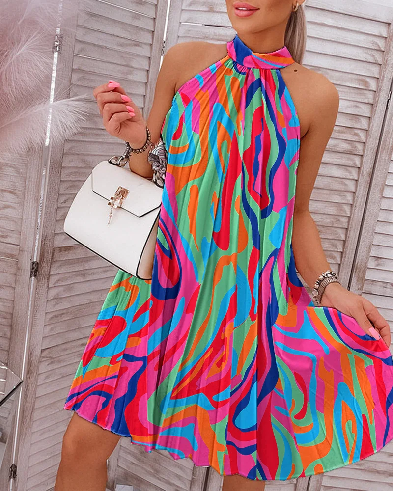 

Abstract Print Sleeveless Pleated Casual Dress Women Loose Summer Fashion Mini Dress Halter Neck Sexy