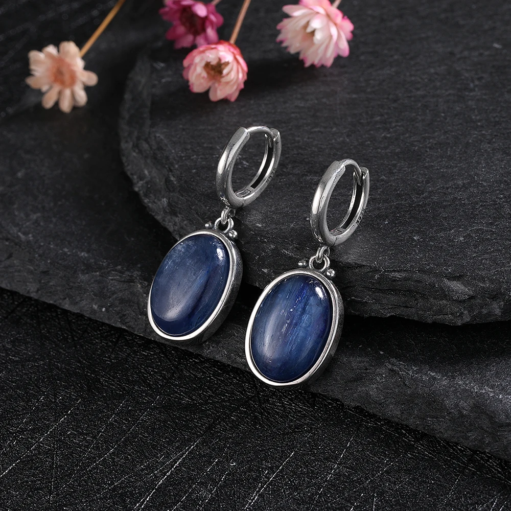 Simple Style Large Oval Natural Kyanite 925 Sterling Silver Hoop Earrings Gems Elegant Pendant Luxury Jewelry Anniversary Gift images - 6