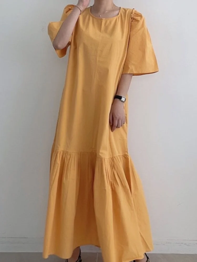 

Женское платье с круглым вырезом, плиссированное свободное платье составного кроя с оборками и пышными рукавами, женское платье из полиэст...