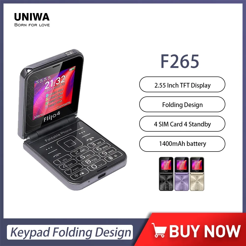 

UNIWA F265 2G Mini Phone 2.55" Dual Screen 4 SIM Cards Keypad Folding Feature Phone Big Push-Button for Elderly 1400mAh Battery