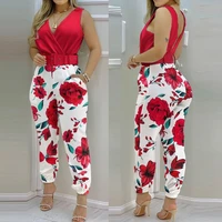 womens v neck open back printed high waist jumpsuit women including belt spring and summer 2022 new casual womens pants