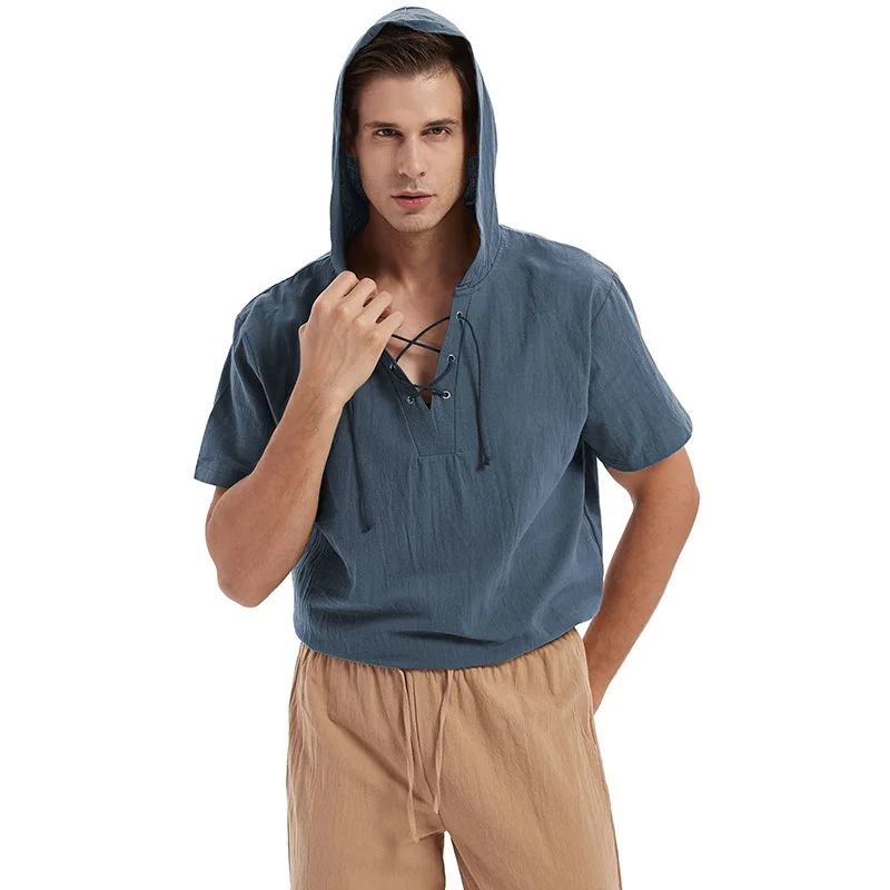 

2022 summer new men's cotton linen shirt loose hooded tethered short-sleeved solid color T-shirt men's