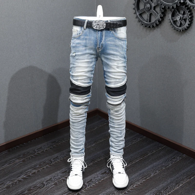 High Street Fashion Men Jeans Retro Light Blue Stretch Skinny Ripped Biker Jeans Homme Spliced Designer Hip Hop Brand Pants Men