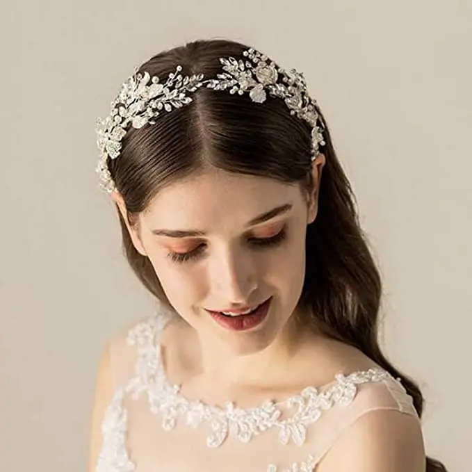 

Alloy Leaf Braided Rhinestone Flower Hairband Wedding Hair Jewelry Floral Bridal headband Handmade Women Prom wedding Headpiece
