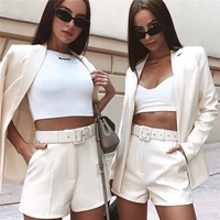 summer two piece set casual office blazer with free belt women solid colors buttonless business blazer high waist shorts suits